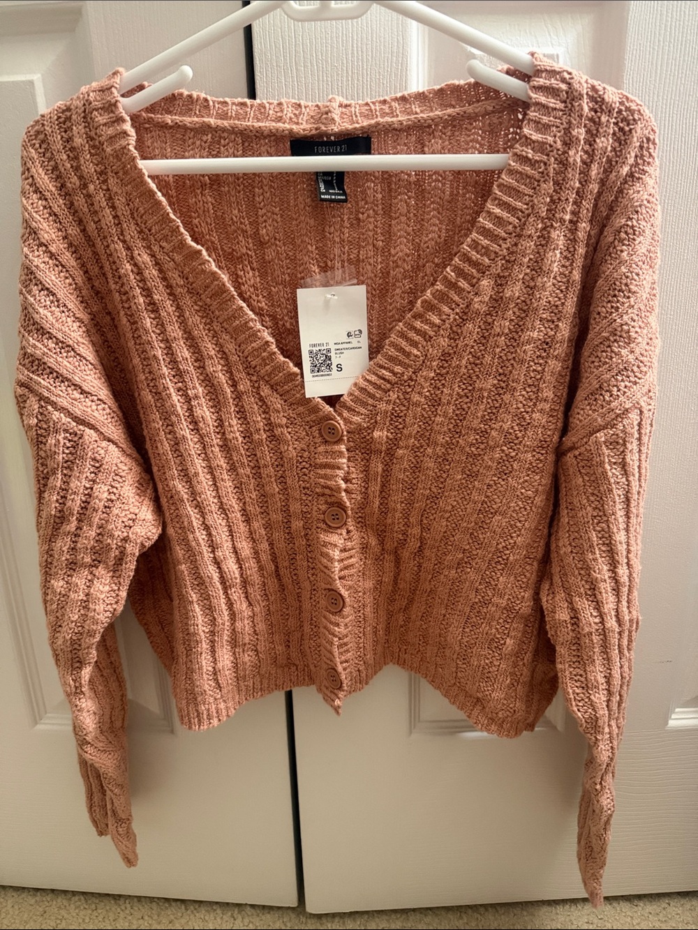 Forever 21 Roseate Pink Ribbed Cropped Button Cardigan